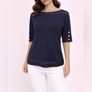 St John Sport Sweater Top Navy Blue Gold  S Small Nautical Buttons Short Sleeve